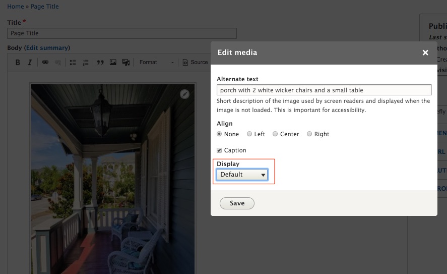 Display mode drop-down menu on edit media modal