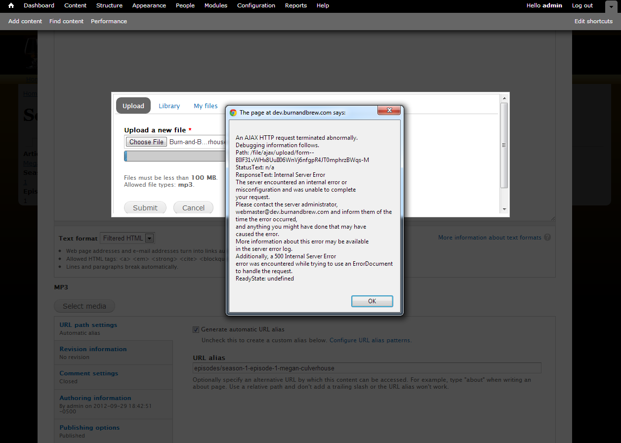 Error when selecting Upload.