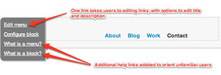 LIst links removed, in favour of Edit menu. Also some contextual help links to explain what a menu/block are.