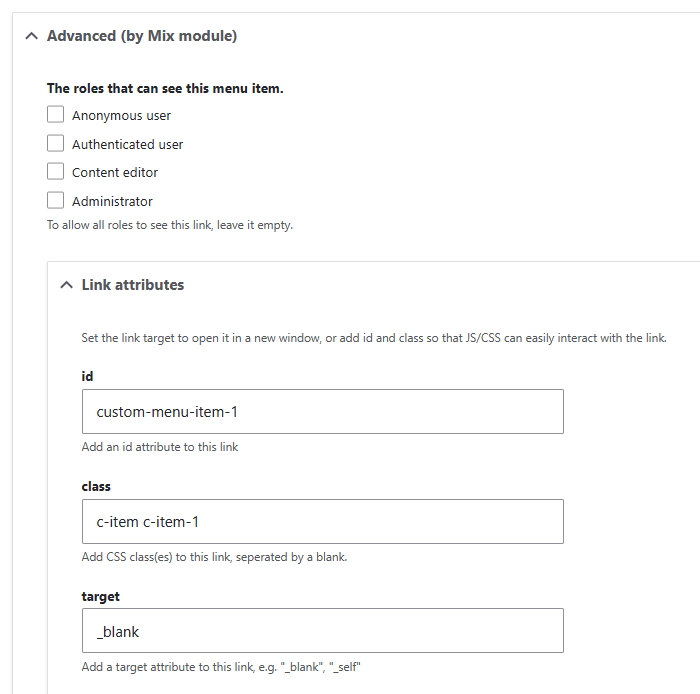 Mix menu attributes settings