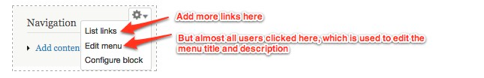 Contextual links for menu block showing 'List links' and 'Edit menu' and how they're confusing.