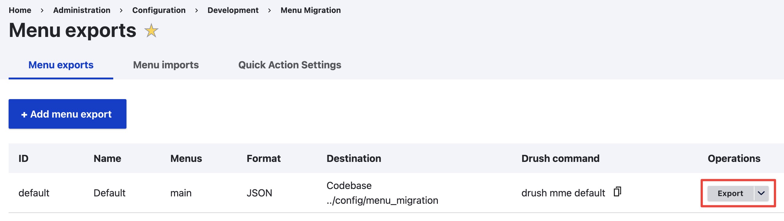 Menu Migration export button