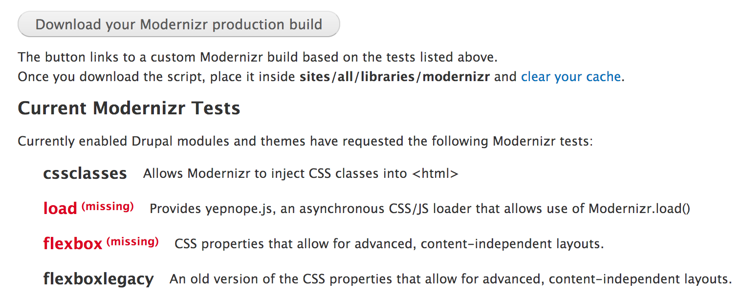 Sample screenshot demonstrating how the admin interface displays missing tests and utilities