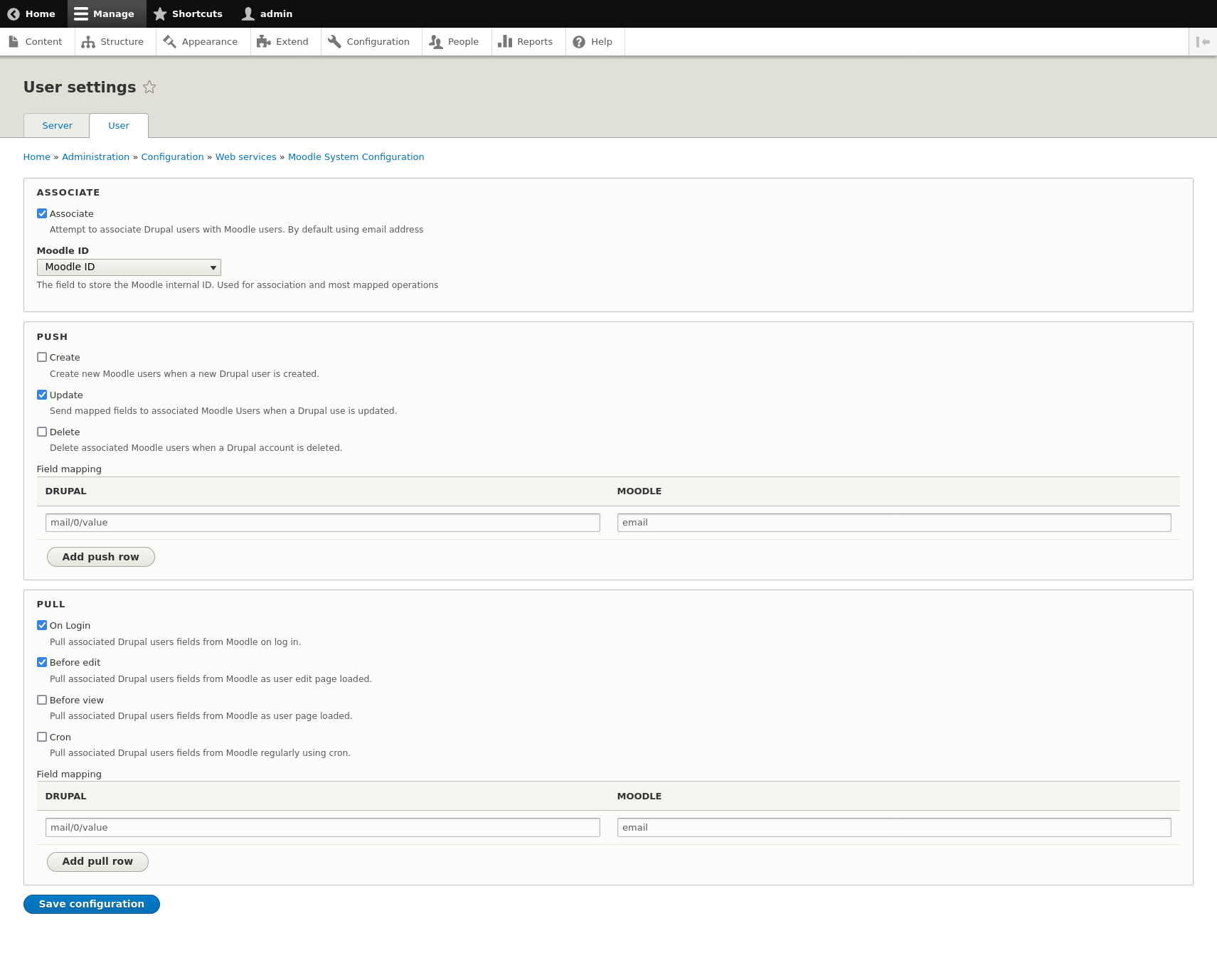 Moodle System Configuration User Tab