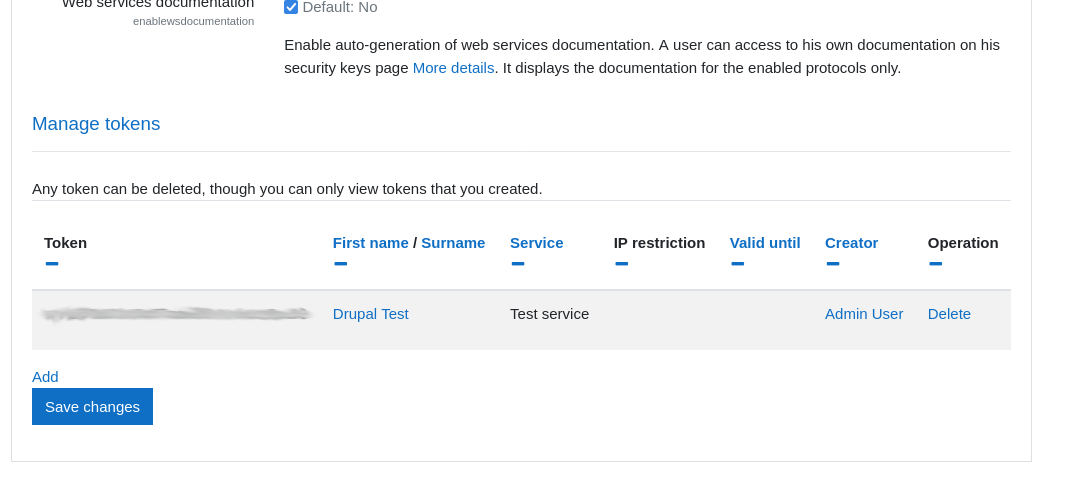 Bottom of the Moodle Webservices page with user assigned a services and their token