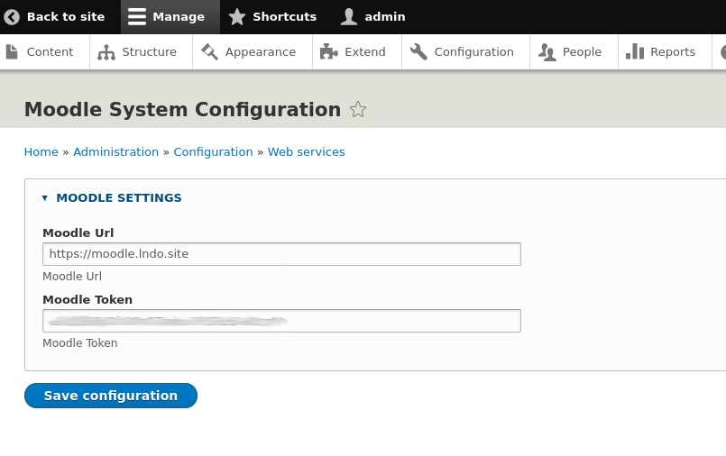 Moodle System Configuration with Moodle Url, and Moodle Token field