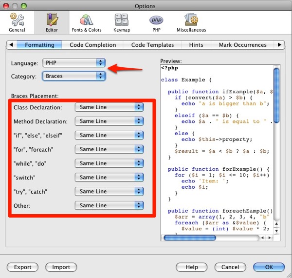 NetBeans braces