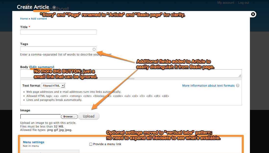 New content creation interface, with several changes above highlighted.