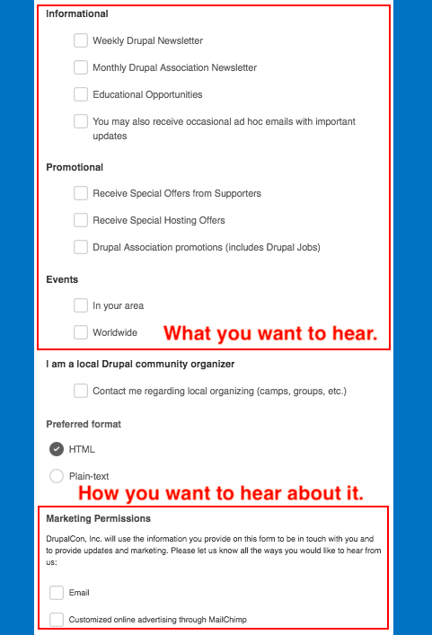 Screenshot of mailchimp sign up form showing the news options as What you want to hear and the Marketing Permissions as How you want to hear about it.