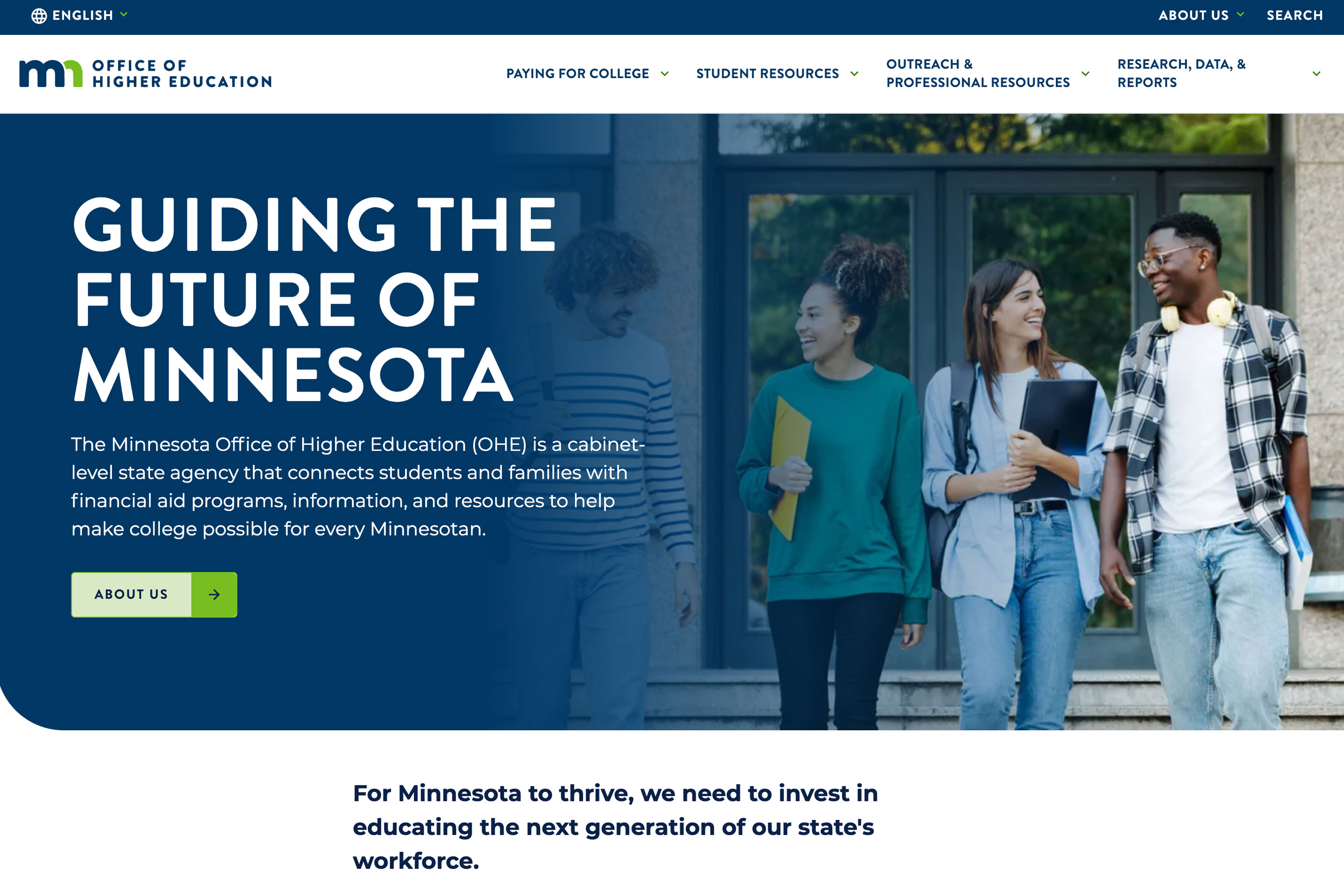 screenshot of the OHE website homepage