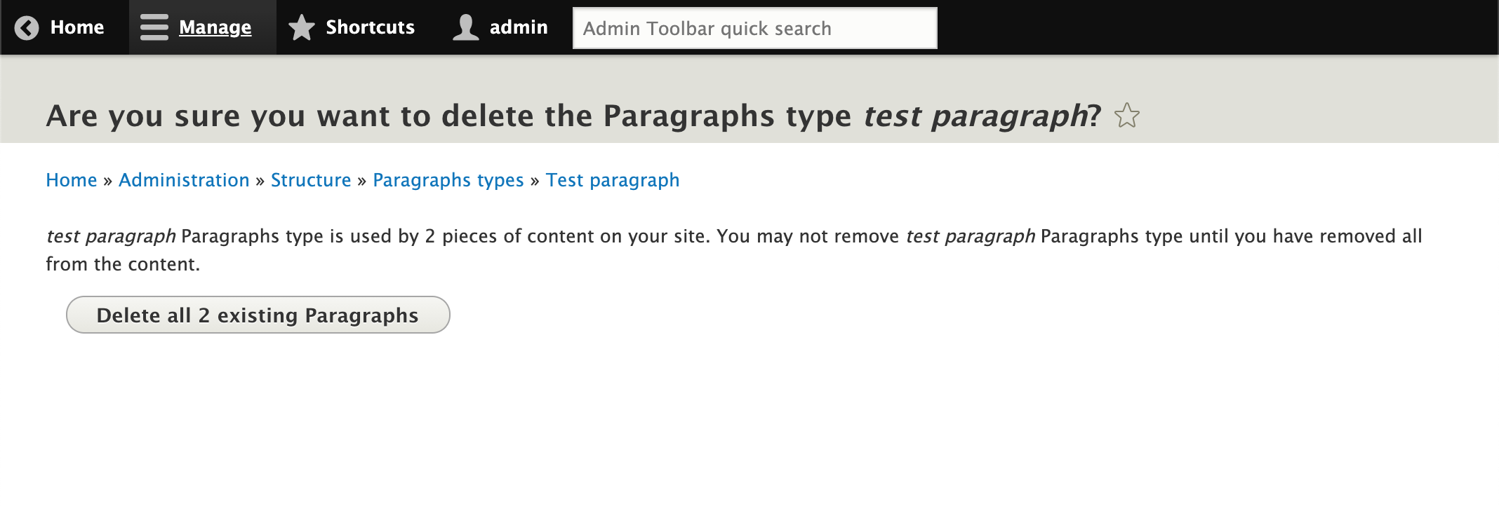 Screen shot of paragraph content removal form.