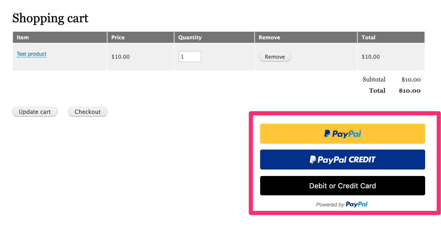 PayPal buttons on the cart page