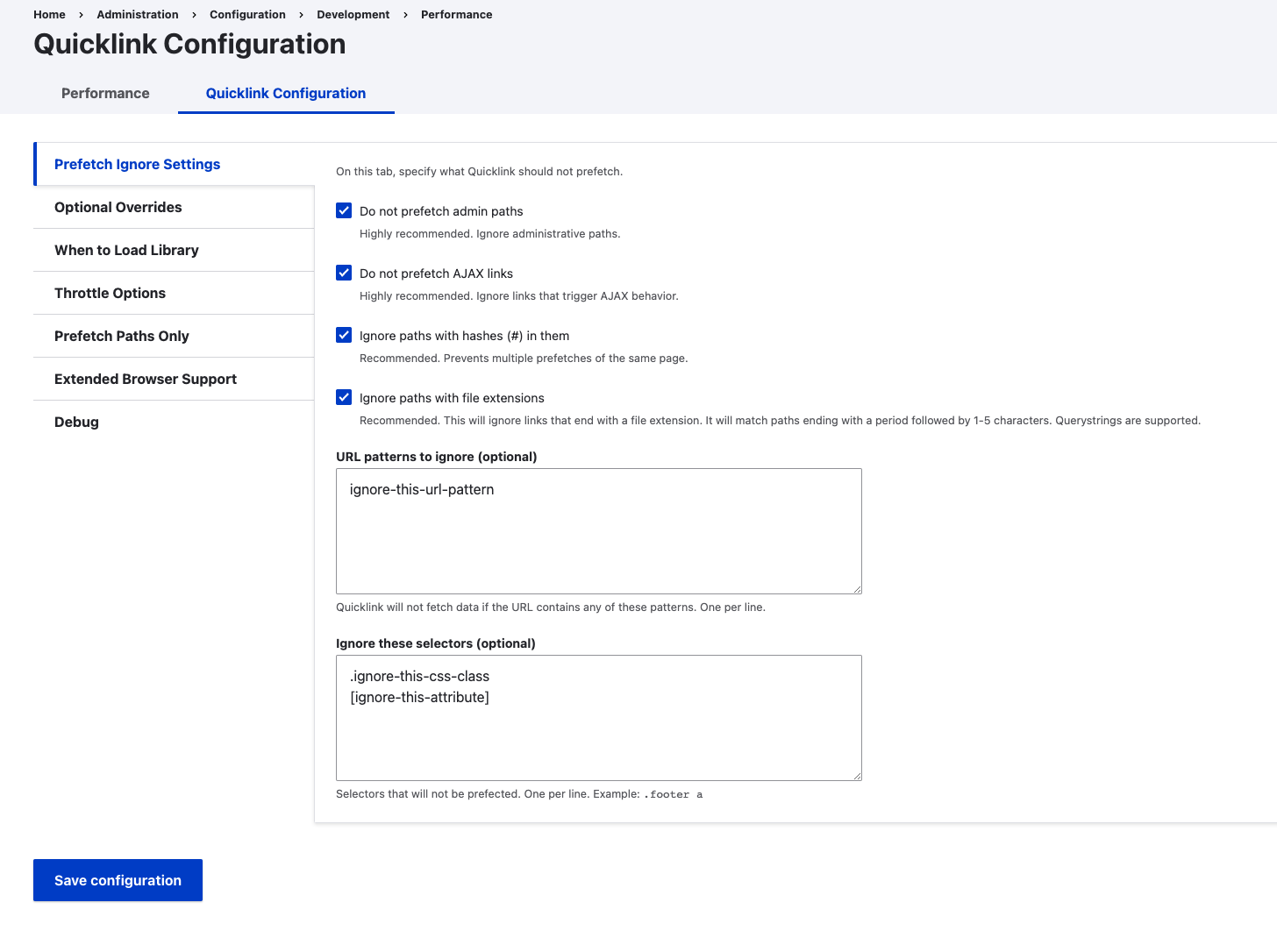 First tab of the Quicklink configuration form