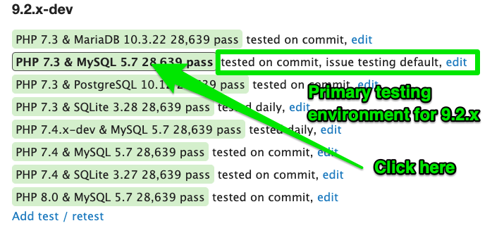 Screenshot of the link to the default testing environment on the core test results page