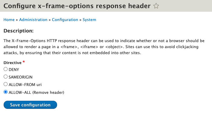 X-Frame-Options Configuration | Drupal.org X-Frame-Options Configuration | Drupal.Org