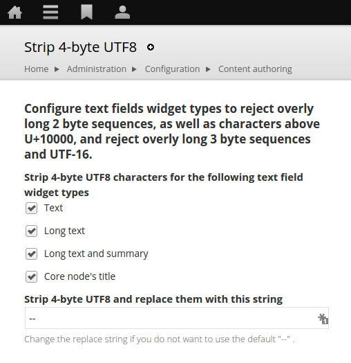 Strip 4-byte UTF8 back-end configuration page.