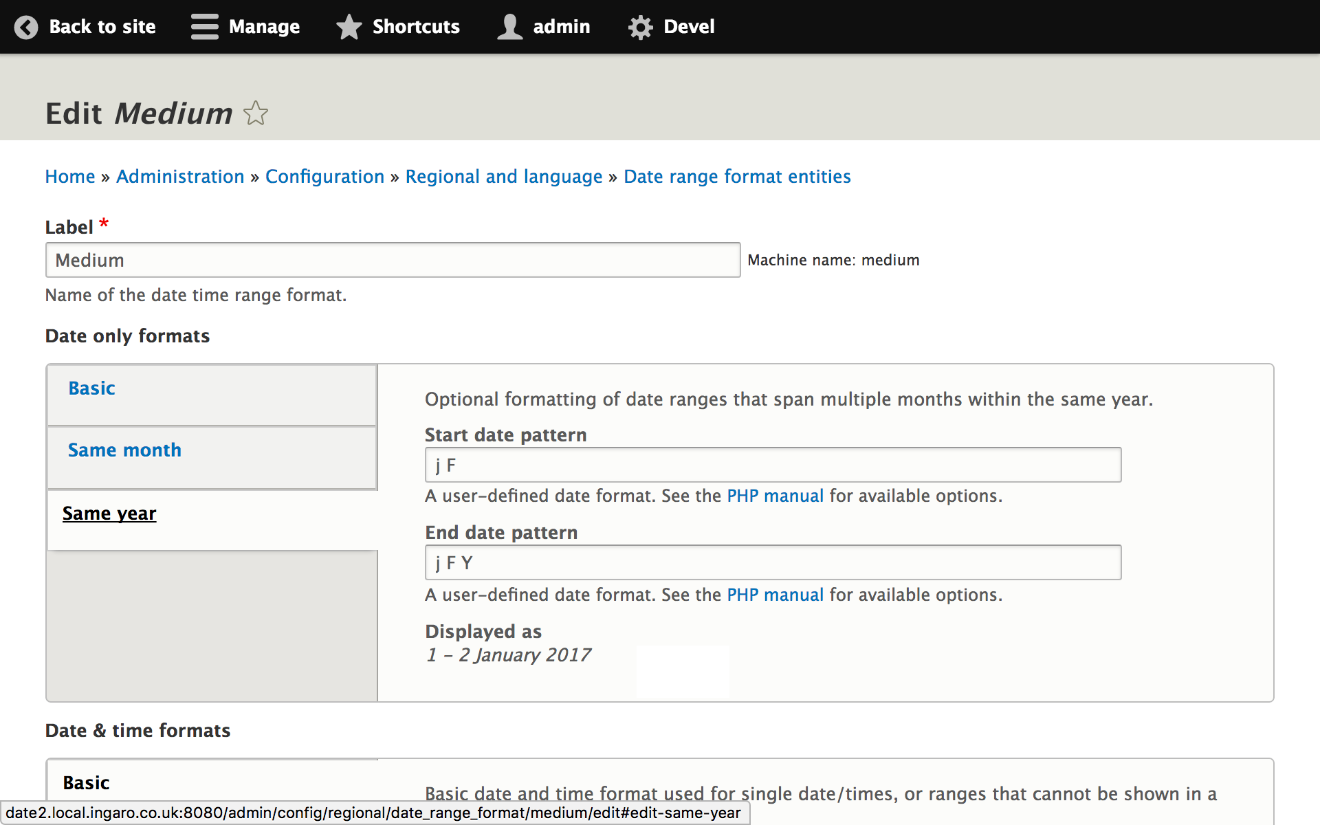 Временной шкалой друпал. Datetime format. Edit Date. Date format patterns. Back site