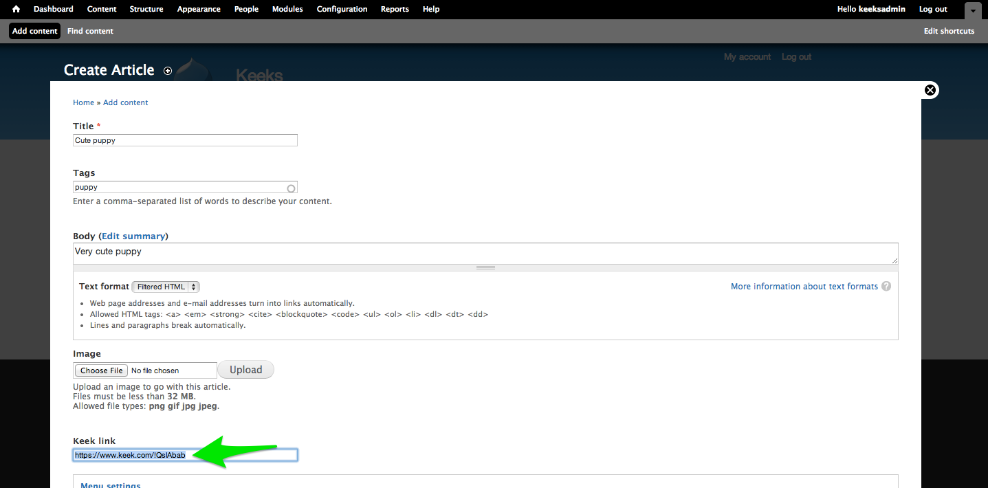 Creating content with Keek link