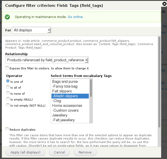 Select the relationship, and select terms from vocabulary "Tags".