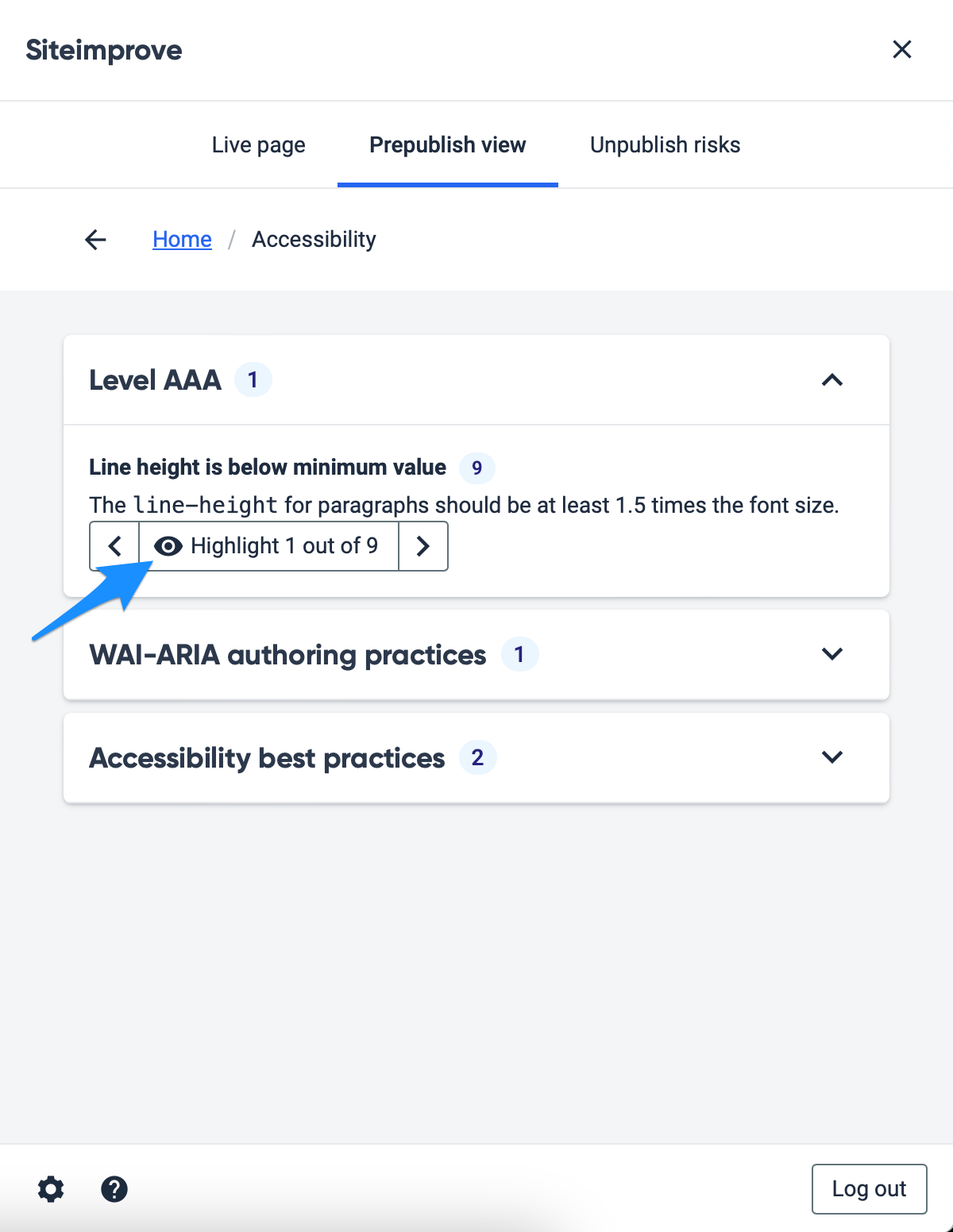 Siteimprove pre-publish check results