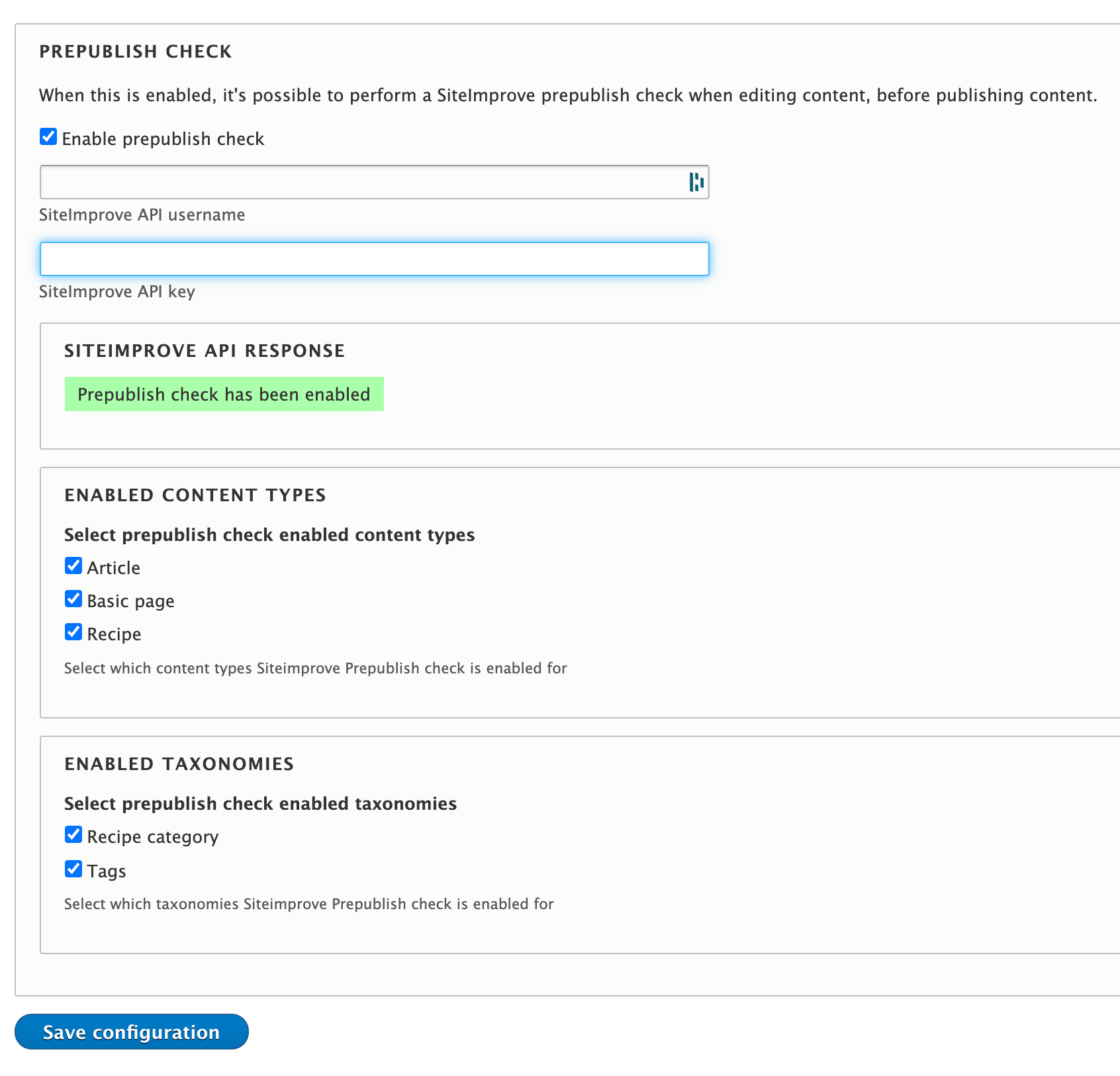 Siteimprove pre-publish configuration