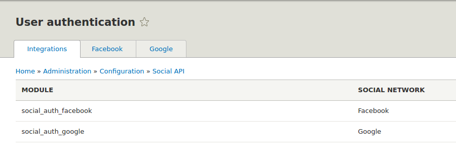 Image of Drupal Social Auth admin page in Drupal 8