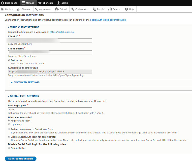 Social auth Vipps module configuration