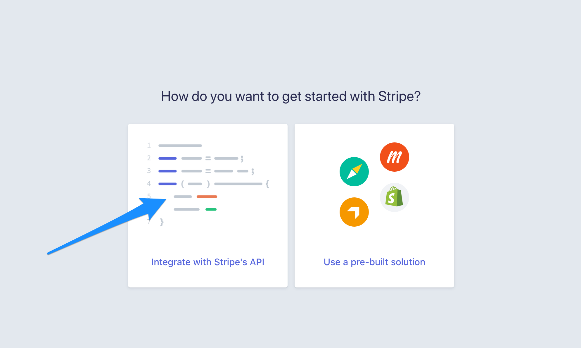 Screenshot of Stripe integration choice screen.