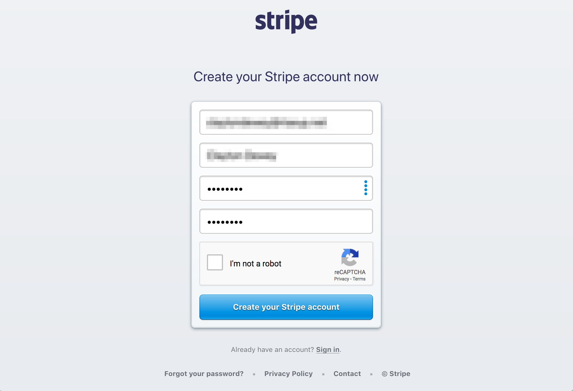 Screenshot of Stripe registration page.