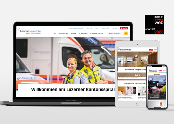 Mock-up of www.luks.ch homepage on laptop, tablet and mobile