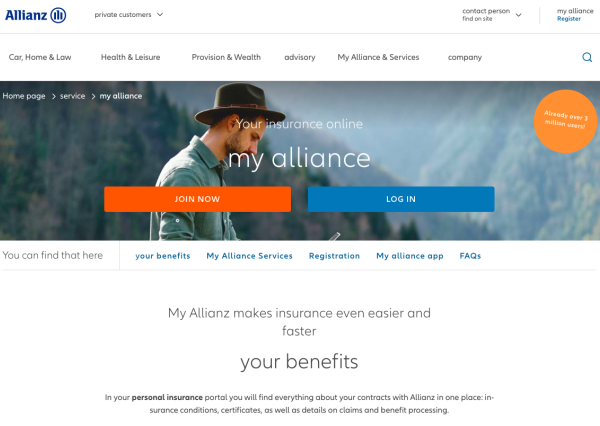 Allianz website interface with a man facing right side and text written in blocks and boxes