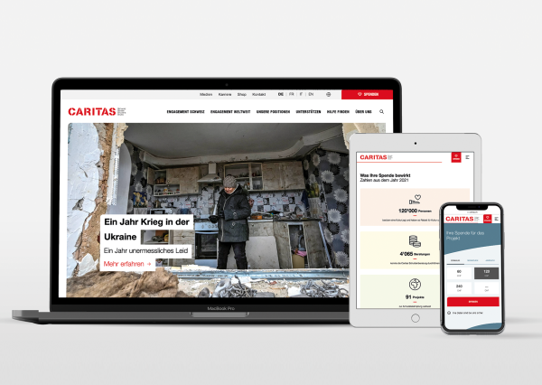 The homepage of Caritas Schweiz shown on laptop, tablet and mobil devices
