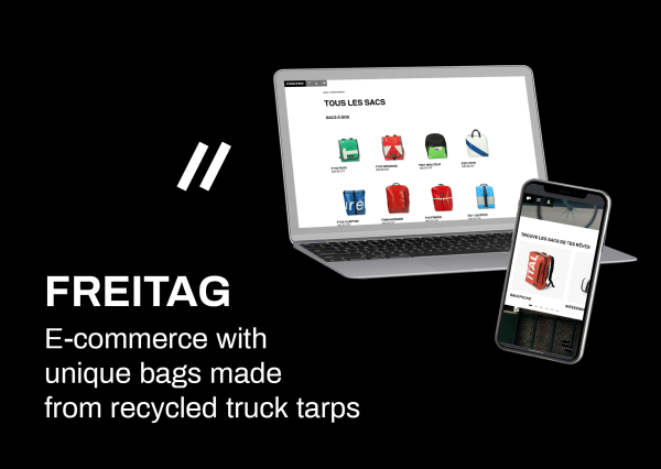 Freitag case study - E-commerce with unique bags made from recycled truck tarps with screenshot of the freitag.ch website