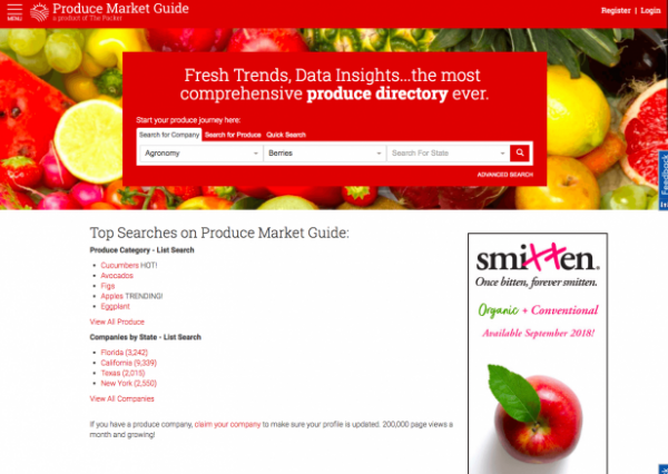 PMG homepage with red header and fruits in the background