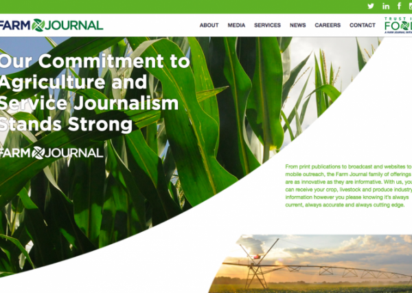 Homepage of Farm Journal with an image of plants on left and dusky sky on right