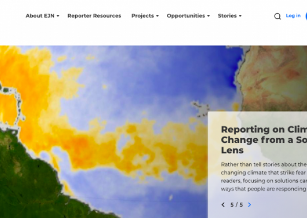 Homepage of Earth Journalism Network with a big image of earth covering the whole area