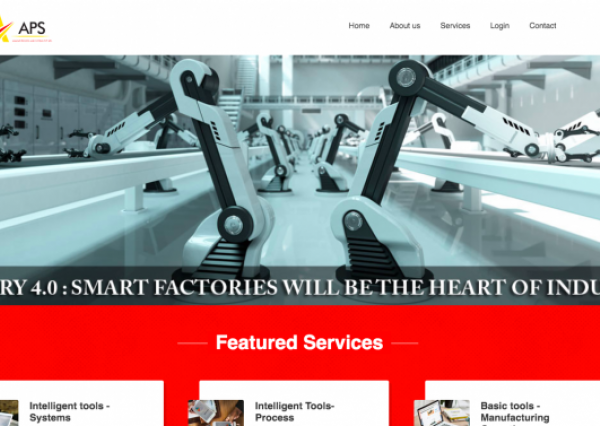 Homepage of AP&S with grey coloured robots at work in a factory