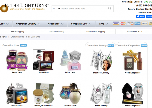 Homepage of In The Light Urns website with several images of urns