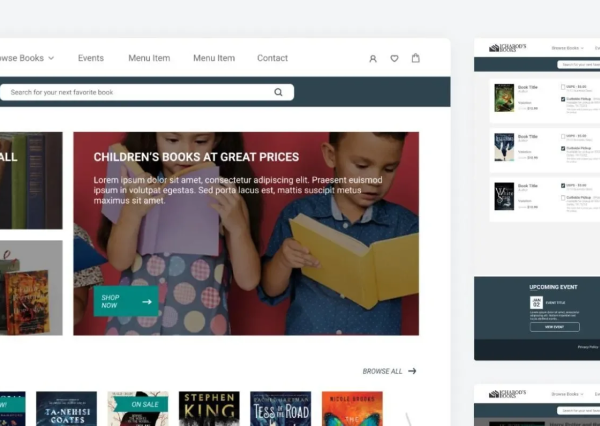A homepage and cart page for an independent bookstore website