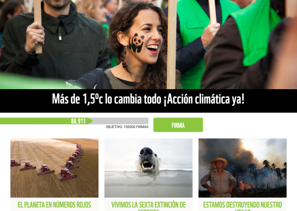 Screenshot of the WWF landing page Lucha por tu Naturaleza with different campaigns