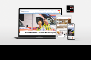Mock-up of www.luks.ch homepage on laptop, tablet and mobile