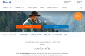 Allianz website interface with a man facing right side and text written in blocks and boxes