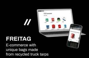 Freitag case study - E-commerce with unique bags made from recycled truck tarps with screenshot of the freitag.ch website