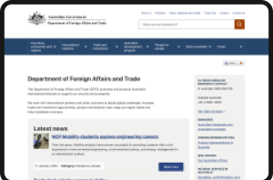 Screenshot of the homepage for Australia's Department of Foreign Affairs.