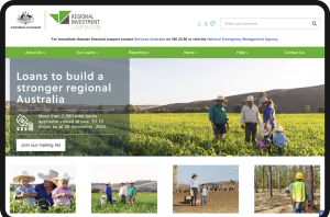 Screenshot of the Regional Investment Corporation's homepage. The homepage shows a lot of photos of people on the land...with crops and with farm animals.