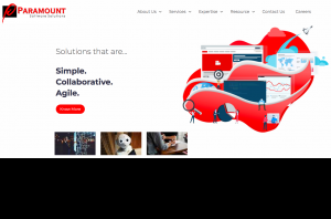 Homepage of Paramount Software Solutions with Paramount written in red on top left and graphical illustration consisting of several icons on right