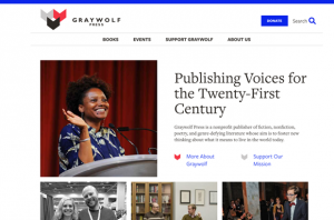 Screenshot of Graywolf website homepage, with menu, logo, and several photos of authors