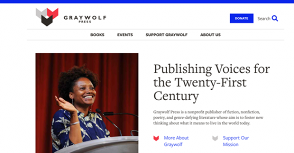 Screenshot of Graywolf website homepage, with menu, logo, and several photos of authors