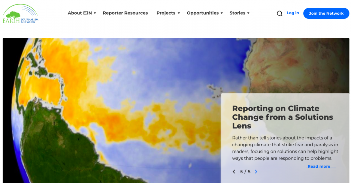 Homepage of Earth Journalism Network with a big image of earth covering the whole area