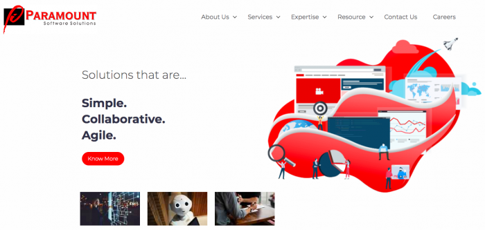 Homepage of Paramount Software Solutions with Paramount written in red on top left and graphical illustration consisting of several icons on right